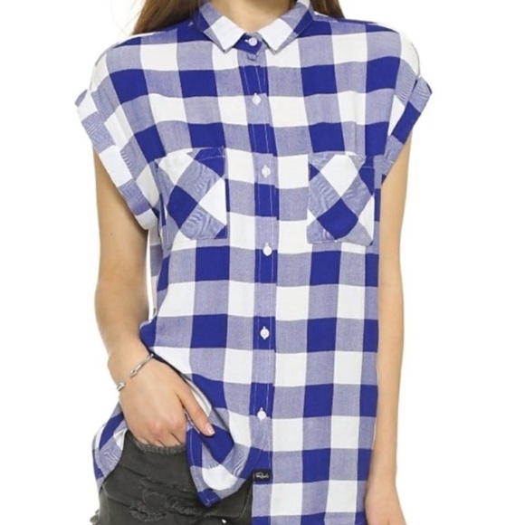 Rails Womens Sleeveless Blue Check Button Down Shirt Sz Small Coastal Preppy - Picture 2 of 10